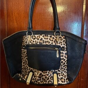 Leopard Print & Black Leather Tote Bag